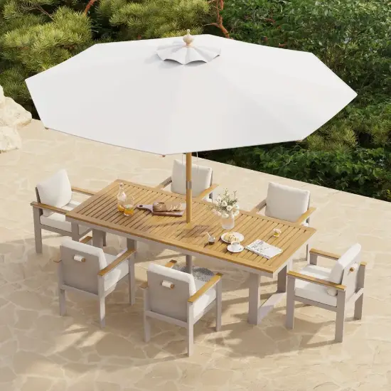 Tevara 8-piece Rectangle Wood & Aluminium Outdoor Dining Set with Central Pillar Umbrella