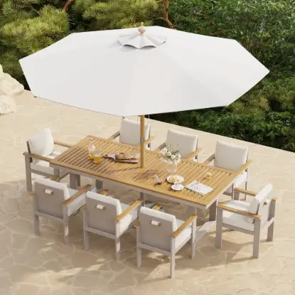 Tevara 10 Pieces Rectangle Wood & Aluminium Outdoor Dining Set with Central Pillar Umbrella