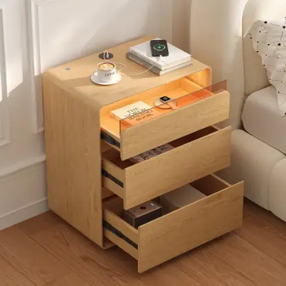 Picture of Meloa 600mm Wooden 3-Drawer Smart Nightstand With LED Lighting & Charging Station Set of
