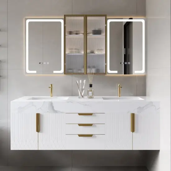1500mm Double Sink Floating Vanity Set with LED Medicine Cabinet with Storage