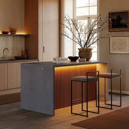 Picture of Modern 180 cm Concrete Grey Kitchen Island with Storage & LED Light, Waterfall Edge
