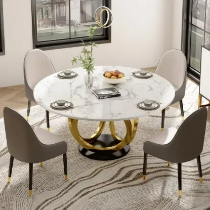 5 Piece Dining Room Set 1350mm Sintered Stone Top Round Dining Table White&Grey 4 Chairs