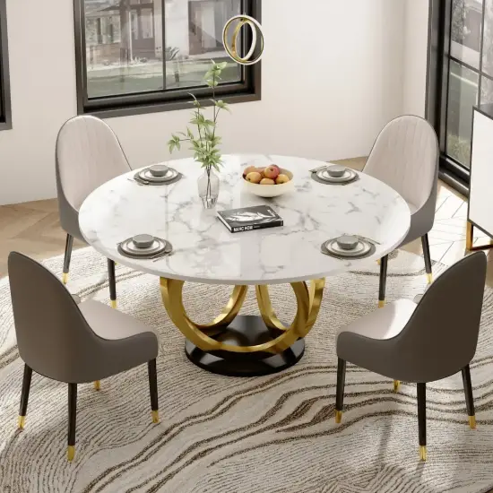 5 Piece Dining Room Set 1350mm Sintered Stone Top Round Dining Table White&Grey 4 Chairs