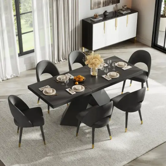 1600mm-2000mm Extendable Black Dining Table & 6 Walnut Japandi Rattan Dining Chairs