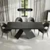 1600mm-2000mm Extendable Black Dining Table & 6 Walnut Japandi Rattan Dining Chairs