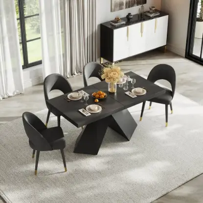 Picture of 1600mm-2000mm Extendable Black Dining Table & 4 Walnut Japandi Rattan Dining Chairs