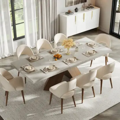 2000mm-2200mm Extendable Gray Dining Table & 8 Japandi Rattan Dining Chairs