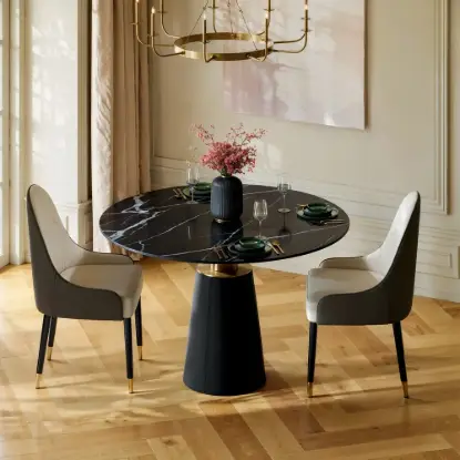 1000mm Sintered Stone Round Dining Table with Saddle Leather Base Seats 2-4 People