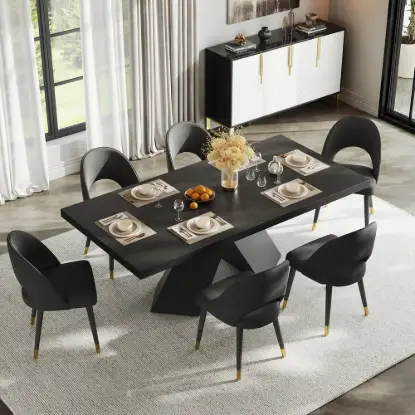 2000mm-2400mm Extendable Black Dining Table & 6 Black Japandi Rattan Dining Chairs
