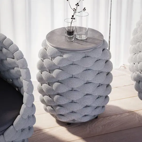 Cocaro Outdoor Woven Side Table with Storage, Waterproof Rope & Slate Top