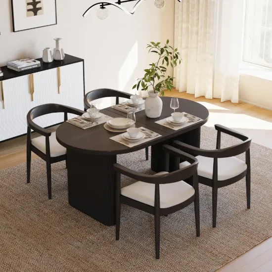 Japandi 1600mm-2000mm Oval Extendable Black Dining Table & 4 Dining Chair Set
