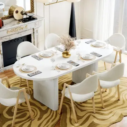 Picture of Japandi 1600mm-2000mm Oval Extendable White Dining Table & 6 Dining Chair Set
