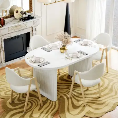 Picture of Japandi 1600mm-2000mm Oval Extendable White Dining Table & 4 Dining Chair Set