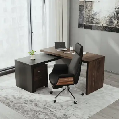 Modern Rotatable L-Shaped Executive Desk & Swivel Black Leather Office Desk Chair Set