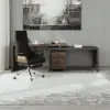 Modern Rotatable L-Shaped Executive Desk & Swivel Black Leather Office Desk Chair Set