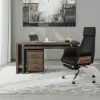 Modern Rotatable L-Shaped Executive Desk & Swivel Black Leather Office Desk Chair Set