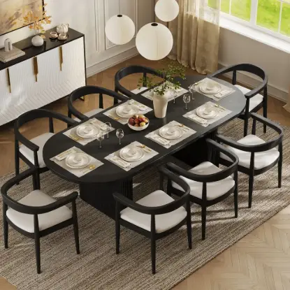 Picture of Japandi 2000mm-2400mm Oval Extendable Black Dining Table & 8 Dining Chair Set