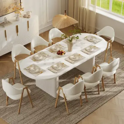 Picture of Japandi 2000mm-2400mm Oval Extendable White Dining Table & 8 Dining Chair Set