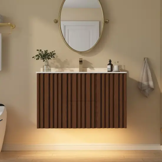 Aura 36" Bathroom Vanity with Light Ash Wood Slatted Panels Faux Travertine Top