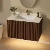 Aura 36" Bathroom Vanity with Light Ash Wood Slatted Panels Faux Travertine Top