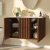 Aura 36" Bathroom Vanity with Light Ash Wood Slatted Panels Faux Travertine Top