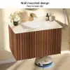Aura 36" Bathroom Vanity with Light Ash Wood Slatted Panels Faux Travertine Top