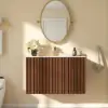 Aura 36" Bathroom Vanity with Light Ash Wood Slatted Panels Faux Travertine Top
