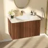 Aura 36" Bathroom Vanity with Light Ash Wood Slatted Panels Faux Travertine Top
