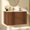 Aura 36" Bathroom Vanity with Light Ash Wood Slatted Panels Faux Travertine Top
