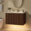 Aura 36" Bathroom Vanity with Light Ash Wood Slatted Panels Faux Travertine Top