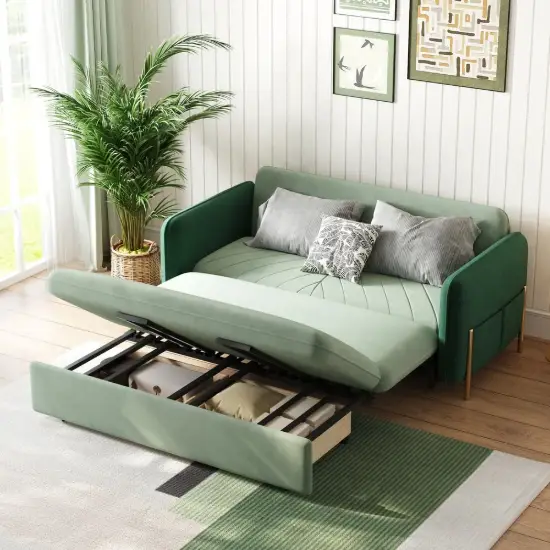 170 cm 2-Seater Green Velvet Convertible Sleeper Sofa with Storage & Pillows – Queen
