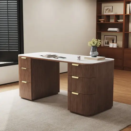 Modern 160 cm Rounded Edge Walnut Sintered Stone Desk with Dual Storage