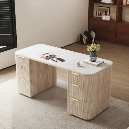 Modern 160 cm Rounded Edge Whitewash Sintered Stone Desk with Dual Storage