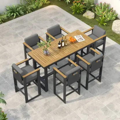 Tevara 7-Piece Teak Outdoor Bar Setting with 6 Bar-Height Chairs