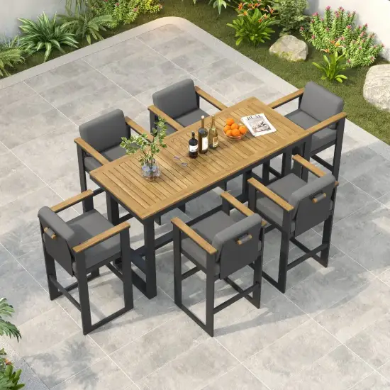 Tevara 7-Piece Teak Outdoor Bar Setting with 6 Bar-Height Chairs