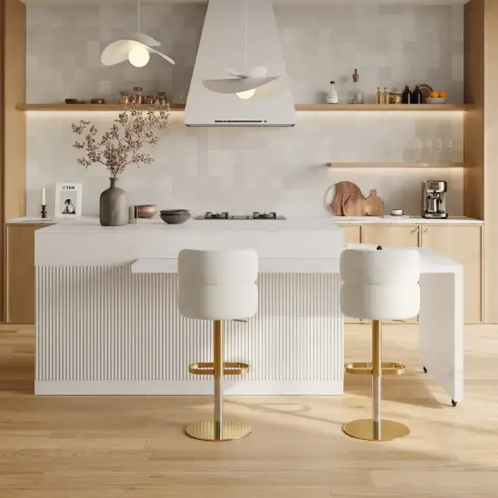 Modern 205 - 285 cm Extendable Marble Pattern Kitchen Island with Doors & Drawers, White – AUD-H2434