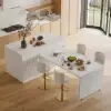 Modern 205 - 285 cm Extendable Marble Pattern Kitchen Island with Doors & Drawers, White – AUD-H2434