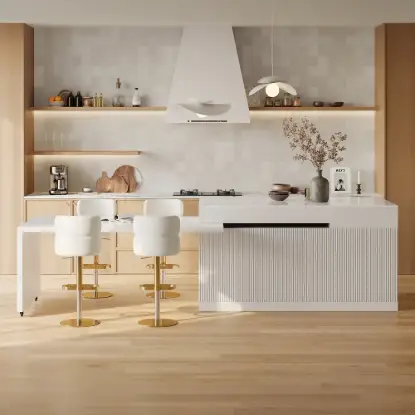 Picture of Modern 205 - 285 cm Extendable Sintered Stone Kitchen Island with Doors & Drawers, White – Glossy White