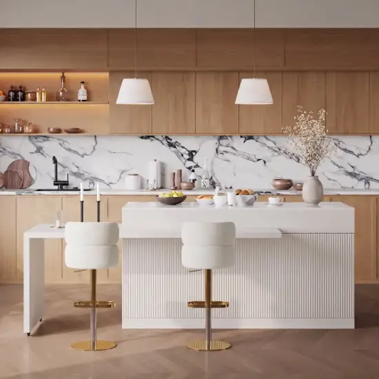 Modern 205 - 270 cm Extendable Sintered Stone Kitchen Island with Doors & Drawers, White – 268cm
