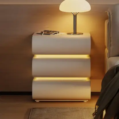 Picture of Humply White Faux Leather 3-Drawer LED Nightstand with Charging Station