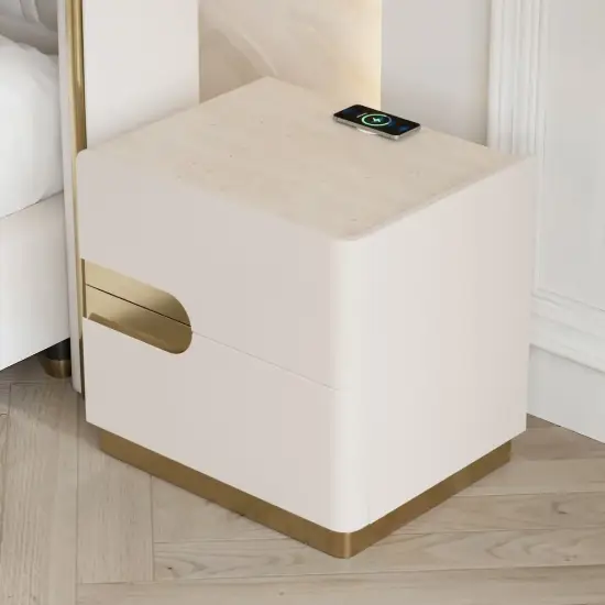 50 cm Smart 2-Drawer Bedside Table with Sintered Stone Top & Charging Station – AUD-H2446