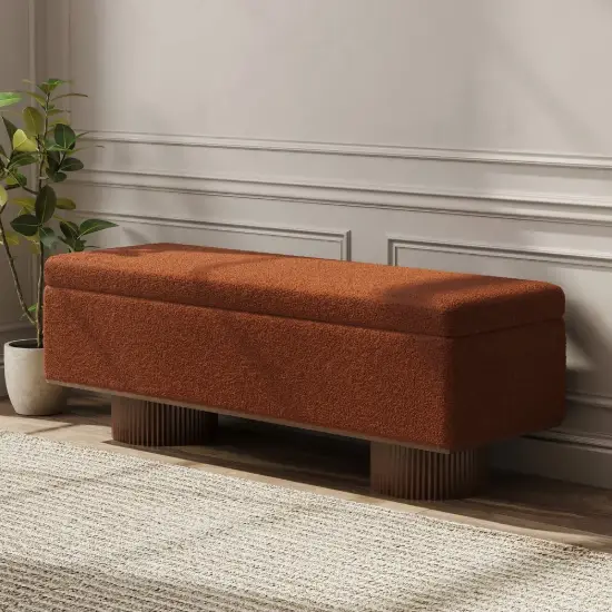 Teddy Fabric Fluffy Faux Fur Flip Top Wood Storage Entryway Bench – Rust