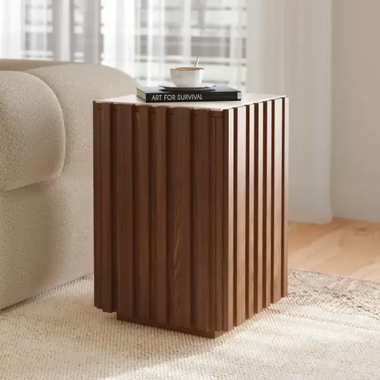 Aura Ash Wood Fluted Walnut Side Table with Sintered Stone Top