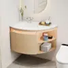 Modern 91 cm Corner Floating Single Bathroom Vanity with Sink, LED Light, Storage – Natural