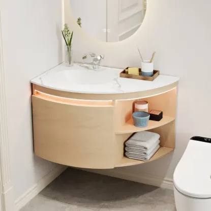 Modern 91 cm Corner Floating Single Bathroom Vanity with Sink, LED Light, Storage – Natural