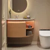 Modern 91 cm Corner Floating Single Bathroom Vanity with Sink, LED Light, Storage – Natural