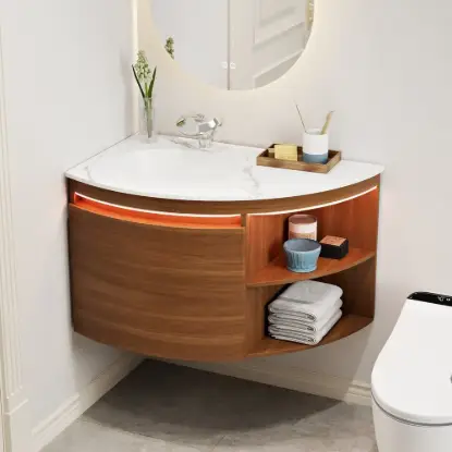 Modern 91 cm Corner Floating Single Bathroom Vanity with Sink, LED Light, Storage – Walnut