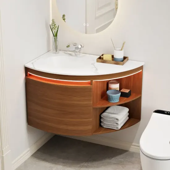 Modern 91 cm Corner Floating Single Bathroom Vanity with Sink, LED Light, Storage – Walnut