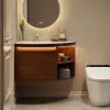 Modern 91 cm Corner Floating Single Bathroom Vanity with Sink, LED Light, Storage – Walnut