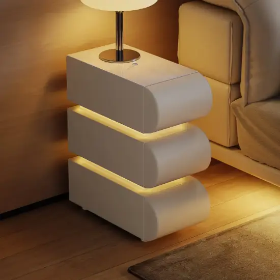 Narrow Humply Leather 3-Drawer Smart Bedside Table with Sintered Stone Top – AUD-H2466